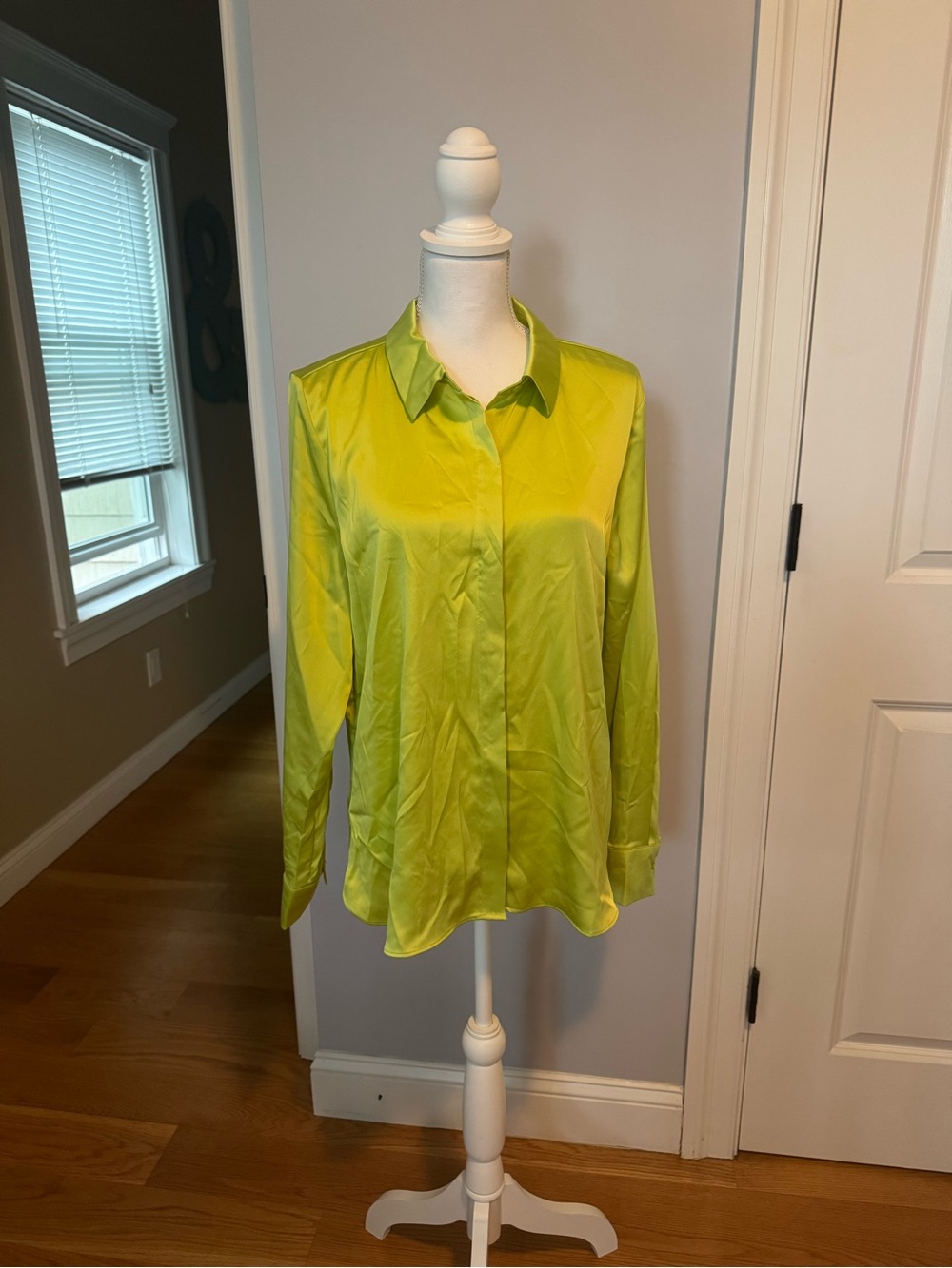 NWT A New Day Light Green Satin Button-Down Long Sleeve Blouse